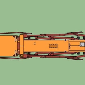 May include: Overhead view of a yellow and brown train car with a raised platform and a set of tracks.