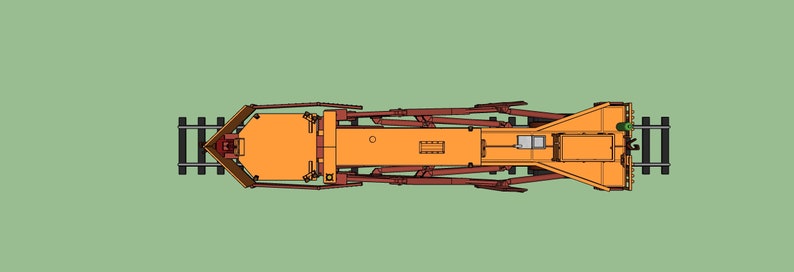 May include: Overhead view of a yellow and brown train car with a raised platform and a set of tracks.