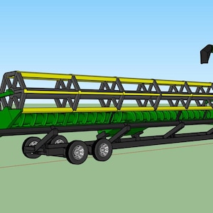 Puede incluir: Una plataforma de corte de cosechadora verde y amarilla, unida a un remolque negro con varias ruedas. La plataforma tiene un marco rectangular con barras transversales amarillas. La cosechadora es verde.