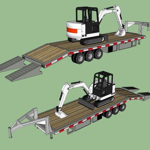 May include: Two white excavators are being transported on a flatbed trailer. The trailer has two sets of ramps and a metal frame at the rear. The excavators have black cabs and black tracks.