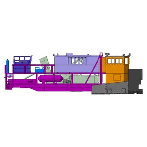 May include: Side view of a purple and orange industrial machine with a large, rectangular cab. The machine has a large, cylindrical tank and a variety of pipes and hoses.