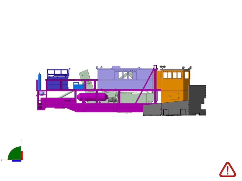 May include: Side view of a purple and orange industrial machine with a large, rectangular cab. The machine has a large, cylindrical tank and a variety of pipes and hoses.