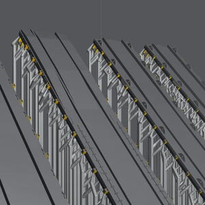 May include: A 3D render showing multiple grey industrial structures, possibly conveyor systems or elevated walkways. Each structure has a flat, grey surface with supporting beams and yellow accents. The structures are angled, suggesting a warehouse or factory environment.