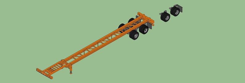 K&ouml;nnte beinhalten: Ein orangefarbenes Metall-Anh&auml;ngerchassis mit einem Leiterrahmen und vier schwarzen R&auml;dern. Der Anh&auml;nger ist von einem LKW abgekoppelt und steht auf einem gr&uuml;nen Hintergrund.