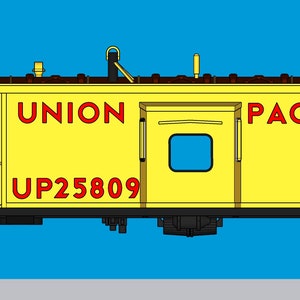 Pode incluir: Um vagão de carga amarelo com detalhes vermelhos e as palavras "UNION PACIFIC" e "UP25809" impressas no lado. O vagão tem uma pequena janela e um logotipo da Union Pacific.