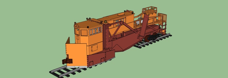 May include: A yellow and brown snow plow train car with a large plow blade on the front. The car is on a set of train tracks.