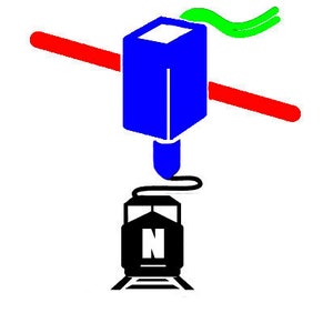 May include: A graphic illustration of a blue 3D printer nozzle extruding a black filament onto a black train locomotive icon featuring the letter N. The design includes a horizontal red bar behind the nozzle and a green wavy line above it.