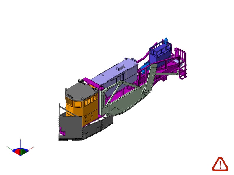 May include: A 3D model of a snow plow with a purple, gray, and orange color scheme. The plow is in a raised position, with the blade angled upwards. The model is set against a white background.