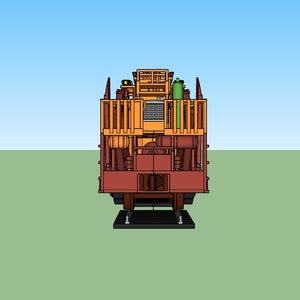 May include: A model of a large, multi-level, orange and brown structure with a green and brown roof. The structure has a large, open space in the front, and a smaller, enclosed space in the back. The structure is sitting on a green surface.