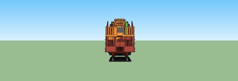 May include: A model of a large, multi-level, orange and brown structure with a green and brown roof. The structure has a large, open space in the front, and a smaller, enclosed space in the back. The structure is sitting on a green surface.