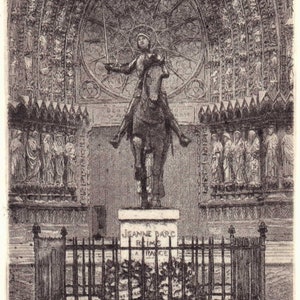 Grabado Juana de Arco en la catedral de Reims, aguafuerte, reimpresión con prensa de grabado según la plancha original c.1900
