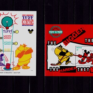 Könnte beinhalten: Zwei rot-weiße Briefmarken mit Mickey Mouse und Goofy. Die Briefmarken stammen von der Insel Nevis und zeigen den Text "Tuff the Tuff" und "The Bigger They Are The Harder They Fall".