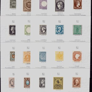 20 reproducciones oficiales de los primeros sellos postales del mundo en el Congreso de la UPU de Hamburgo de 1984, papel con marca de agua