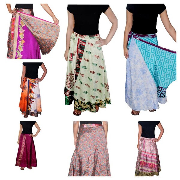 Handmade Reversible Two Layer Skirt, Boho Gypsy Dress Silk Sari, Multi Color Wraparound Skirt, 10 Wholesale lot Indian Wrap Around Skirt