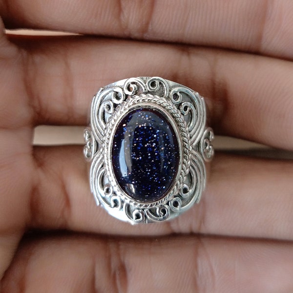 Bague Boho, pierre de soleil bleue, bague faite à la main, bague en argent, argent sterling 925, bague boho, cadeau d'anniversaire, bagues bleues, bagues de déclaration, cadeaux