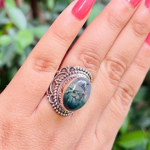 Moss agate silver boho ring , handmade silver ring , solid ring , moss agate ring , moss agate gemstone ring, oval stone ring, gift jwellery