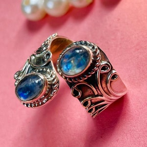 Dual Rainbow moonstone Silver ring , unique Bohemian ring , Bluestone silver ring ,moonstone silver ring , boho jewelry , napoleon rings