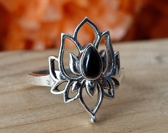 Black onyx Stacking silver ring | Hand crafted Silver ring | Black onyx ring | Silver ring | Lotus flower ring |925 silver ring | Freeship