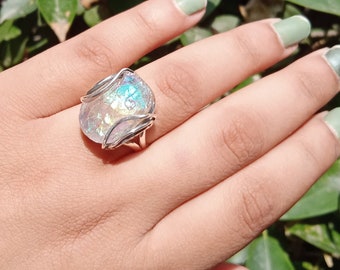 Anillo de cuarzo con aura de ángel, anillo de cuarzo, plata de ley 925, anillo de piedra cruda, anillo de plata, joyería, joyería india, acabado plateado, anillos