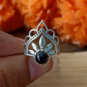 Black onyx Stacking silver ring | Hand crafted Silver ring | Black onyx ring | Silver ring | flower ring | 925 silver ring | Free shipping
