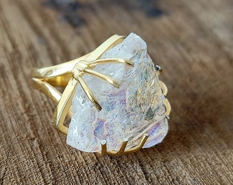 Angel Aura Quartz Ring, Rose quartz ring , sterling silver 925,  gold plated raw stone ring, gold finish rings, summer gift, summer jewelry