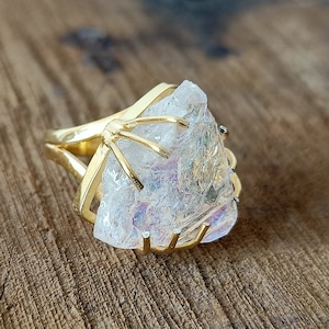 Angel Aura Quartz Ring, Rose quartz ring , sterling silver 925,  gold plated raw stone ring, gold finish rings, summer gift, summer jewelry