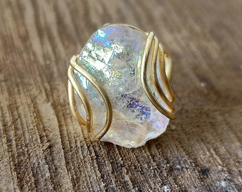 Angel Aura Quartz Ring 925 Solid Sterling Silver Ring Yellow Gold Fill Ring 