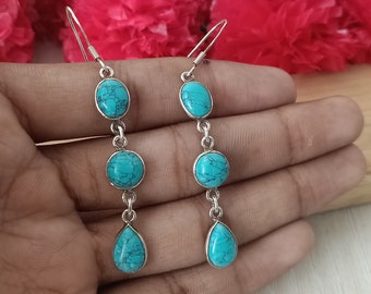 3 green turquoise silver earring , turquoise earring, daily wearable earrings, silver jewelry, sterling silver 925, three shapes, turquoise
