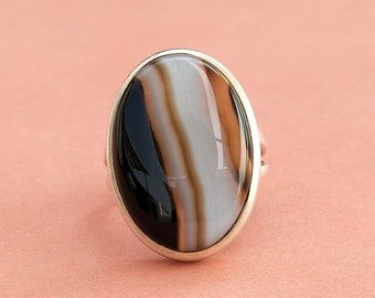 Boho Ring, Black banded agate silver  , handmade silver ring , solid ring , agate ring ,  oval shape ring , 925 sterling silver