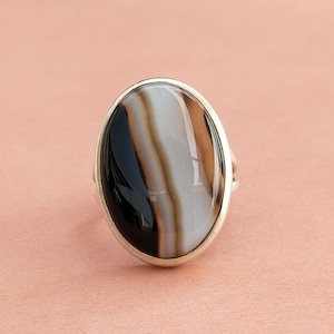 Boho Ring, Black banded agate silver  , handmade silver ring , solid ring , agate ring ,  oval shape ring , 925 sterling silver