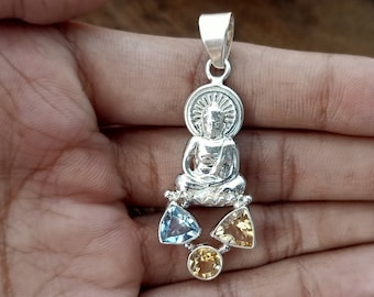 Ciondolo Buddha, Argento Sterling, fascino argento, topazio blu e citrina pendente in pietra, pendente di design Lord Buddha, argento sterling 925, regalo