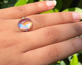 Rainbow crystal stone, sterling silver 925, stone ring, Jewelry, Indian jewelry, gold finish, Rainbow flash ring