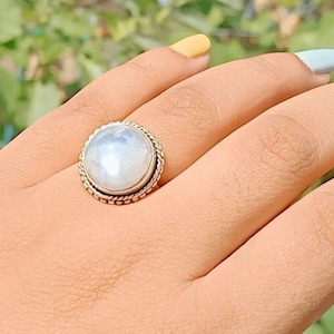 Boho Ring, Rainbow moonstone Silver ring, unique Bohemian ring, Bluestone silver ring ,moonstone silver ring , boho jewelry , napoleon rings