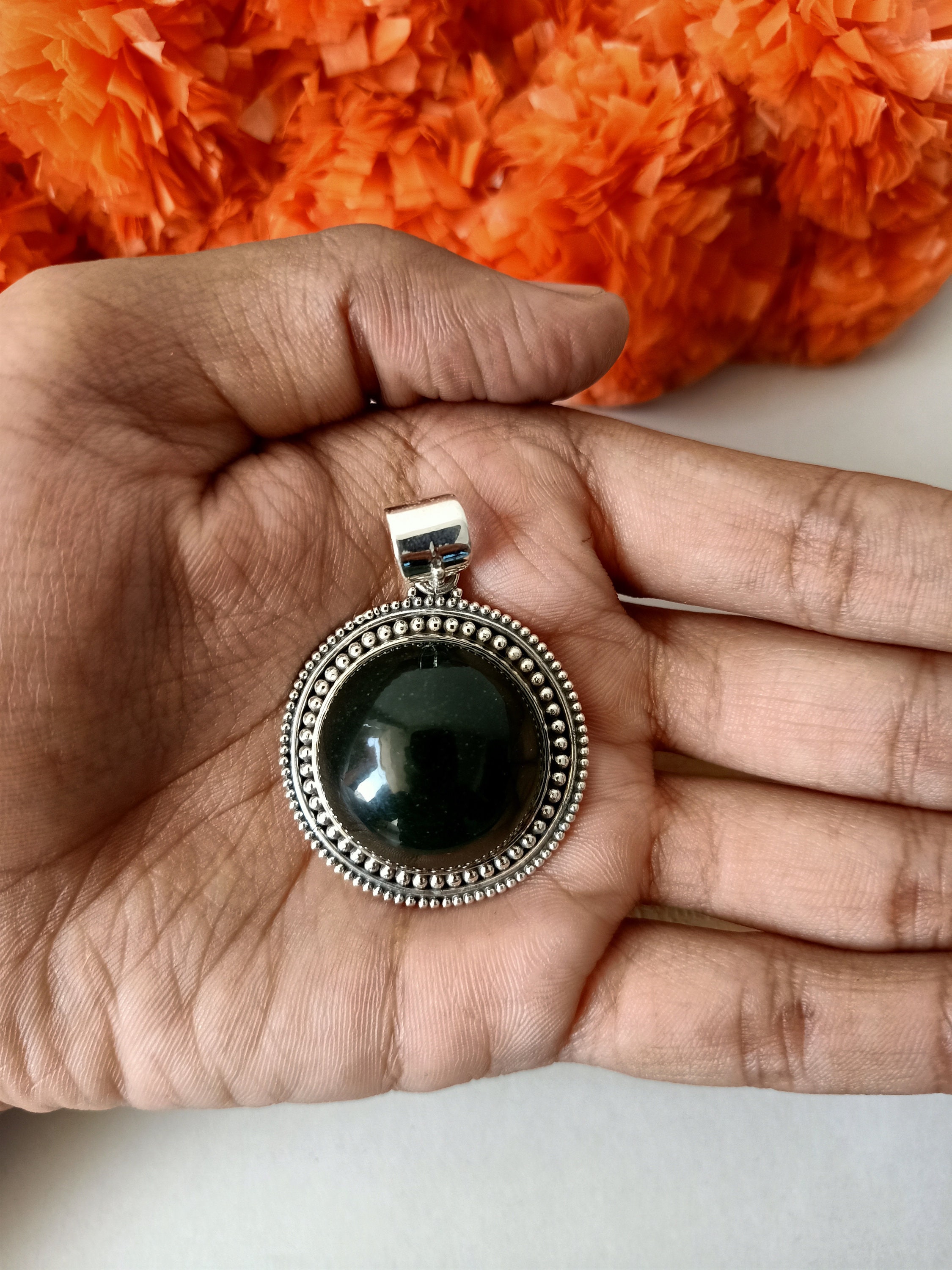 Green moss agate pendant Sterling Silver pendant round shape | Etsy