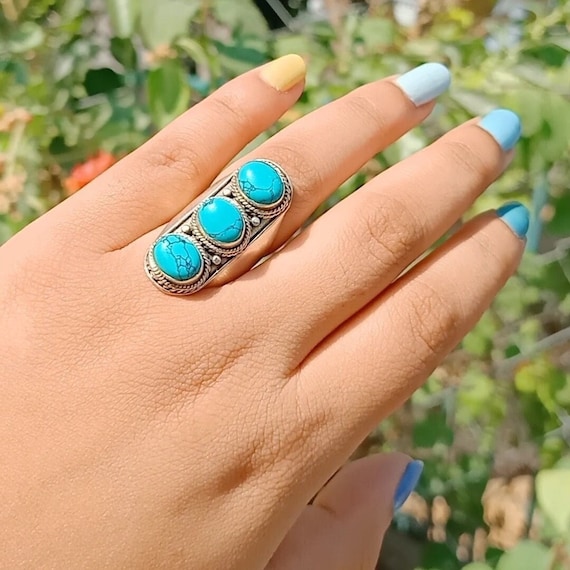 ターコイズリング ターコイズ三連 Silver925 メール便不可 指輪/ネイティブ/インディアン/幅広/ごつめ 3連ターコイズリングスリーピングビューティーターコイズ