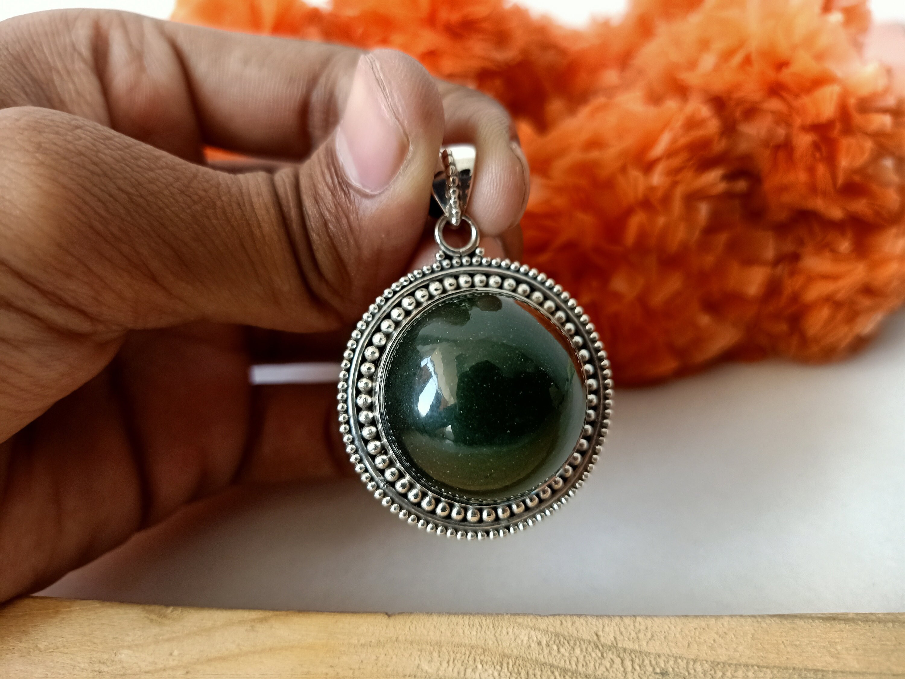 Green moss agate pendant Sterling Silver pendant round shape | Etsy
