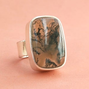 Moss agate silver boho ring , handmade silver ring , solid ring , moss agate ring ,  rectangle shape ring , moss agate