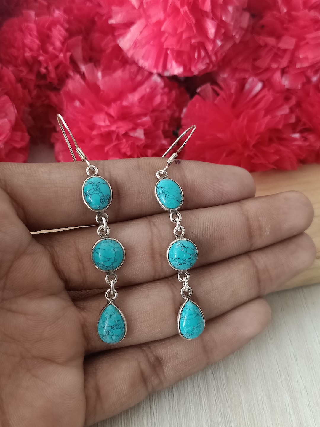 3 Green Turquoise Silver Earring , Turquoise Earring, Daily Wearable