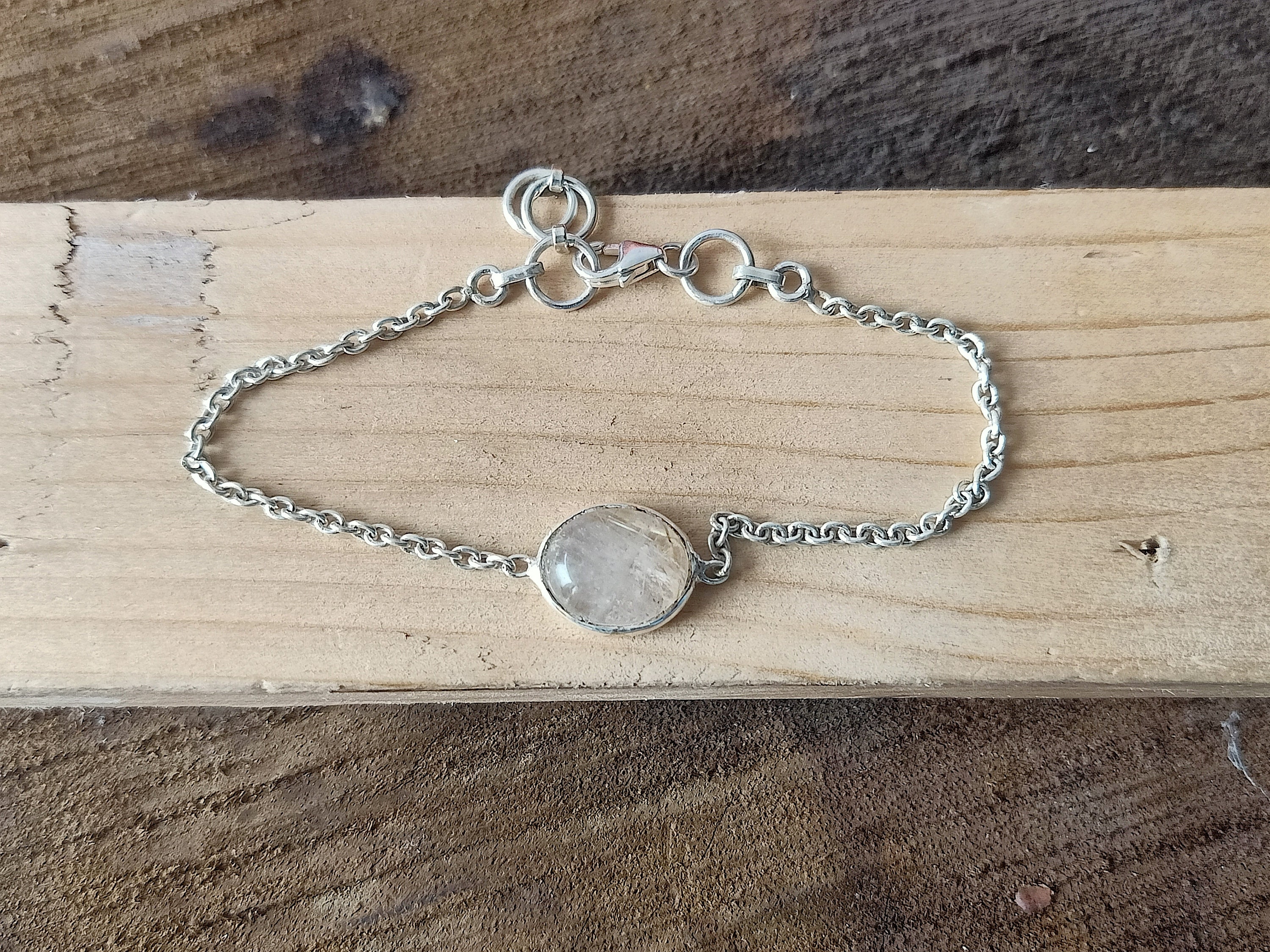 Bracelet En Argent 925 Avec Pierre Rutile Noire Naturelle - Poids 8,80 G, Taille 20,6 Cm - Neuf Fait Main Inde