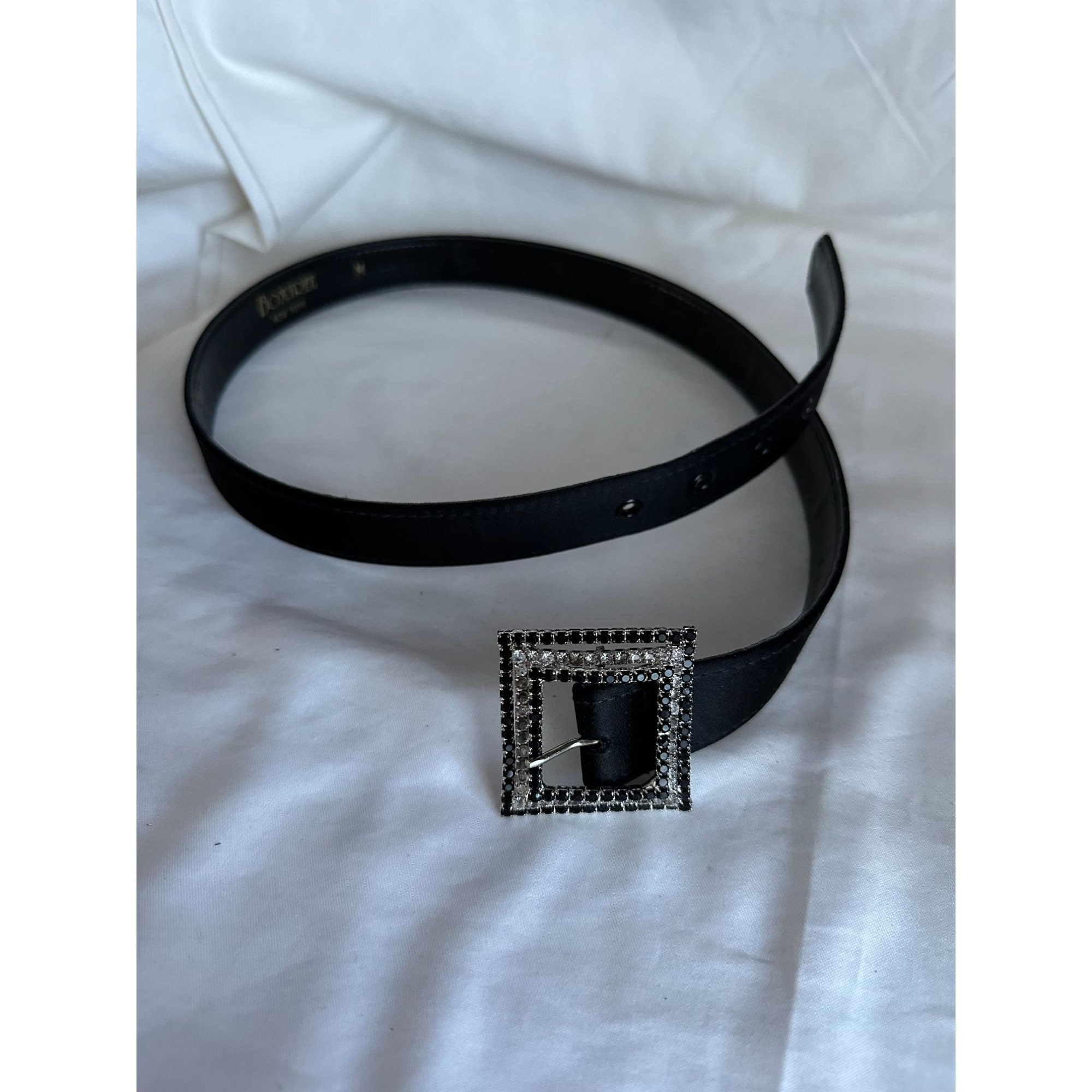 Vtg BOXTREE for Neiman Marcus Square Rhinestone Buckle Black Moiré Fabric Sz M BB SIMON Big Block Swarovski Crystal Rhinestone Belt Black  main image 3