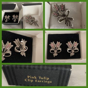 Avon Tulip Pin Bouquet Ribbon Tied Bow Flowers Pink Rhinestones Vintage Brooch & clip earrings