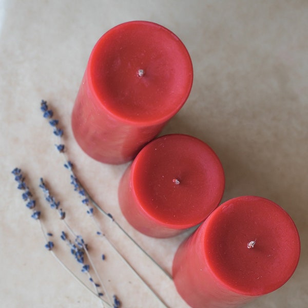 Rustic 100% Pure Beeswax red candles/Tall natural beeswax Pillar candles/Handmade Bees wax natural candles