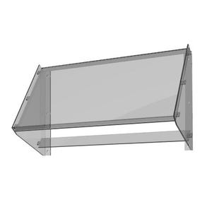 May include: A clear acrylic shelf with a slanted top and a bottom shelf. The shelf is attached to a wall with metal brackets.