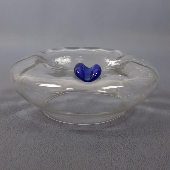 ムラーノガラス灰皿、透明と青のデザイン、イタリア製モダン