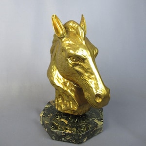 Gilded Brass Horse Head Sculpture with Marble Base – Vintage Italian Statue from the 1950s