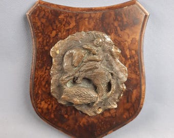 Antico Bassorilievo San Giorgio e Drago, Scultura Bronzo Firmata, Arte Sacra Inizio XX Sec., Targa Scudo Legno, Fatto a Mano, Cavaliere