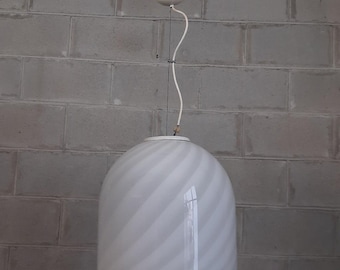 White Murano Glass Pendant Chandelier, 1970s Modern Spiral Design - Collectible Vintage Lighting - Made in Italy