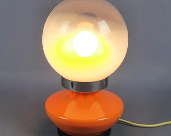 Lámpara OVNI de color naranja, estilo era espacial, cristal de Murano Lattimo, lámpara de mesa vintage de los años 70, diseño moderno, base esférica de metal.