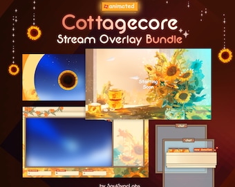 May include: Animated cottagecore stream overlay bundle with a sunflower theme. The overlays include a starting soon screen, a chat box, a new donation notification, and a screen with a blue sky background.