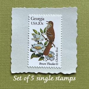 Vintage 1982 Georgia State Stamps: Brown Thrasher & Cherokee Rose - Set of 5